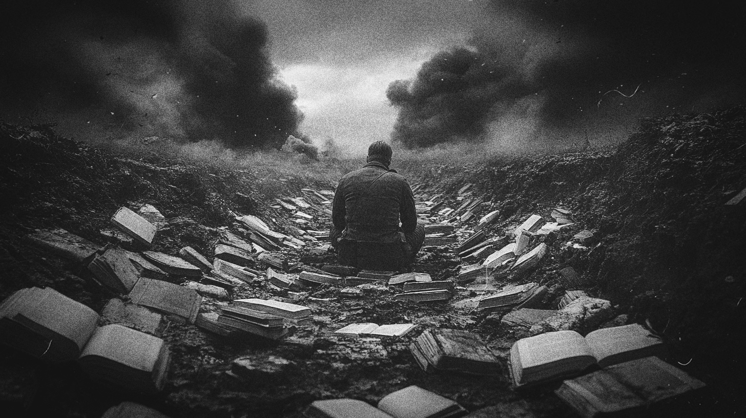 Katastrophendemenz. Ein Soldat sitzt in einem flachen Schützengraben mit vielen Büchern um sich herum.