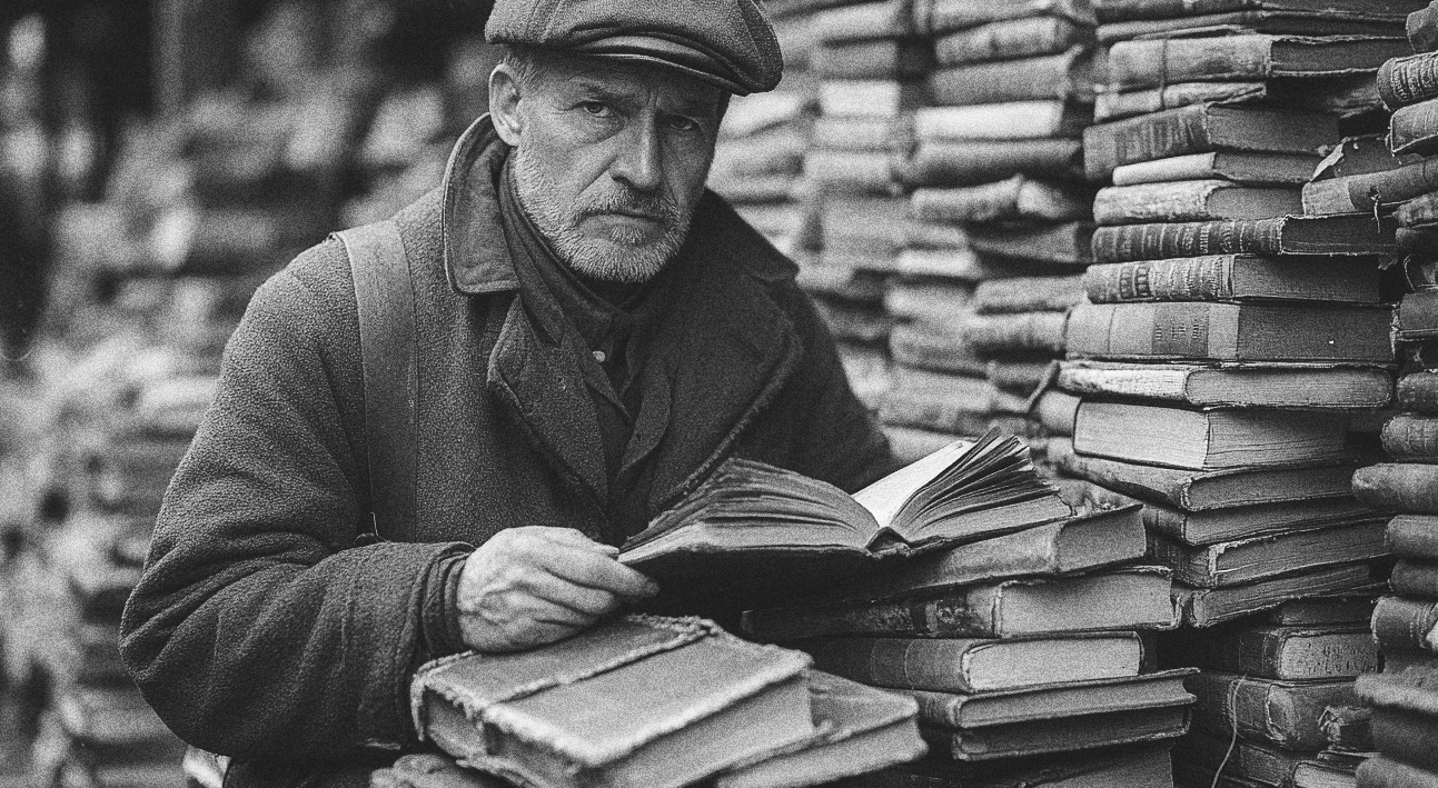 Älterer Herr mit vielen Büchern um sich herum.